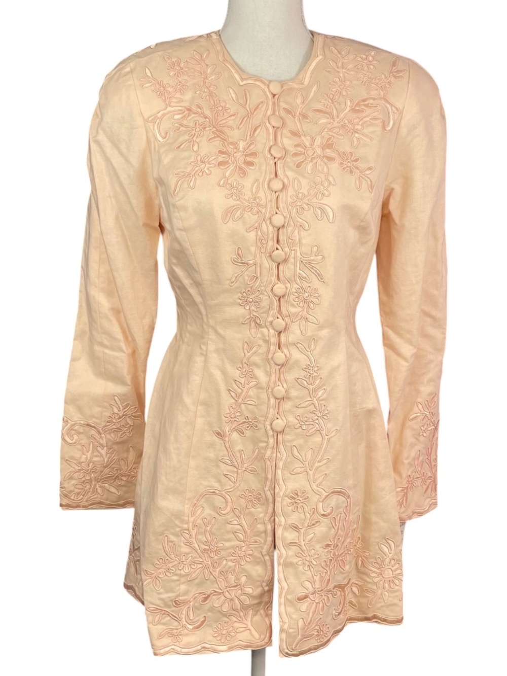 Linen Floral Embroidered Jacket 6 Victorian Boho Bohemian Peach Blush Pink Long